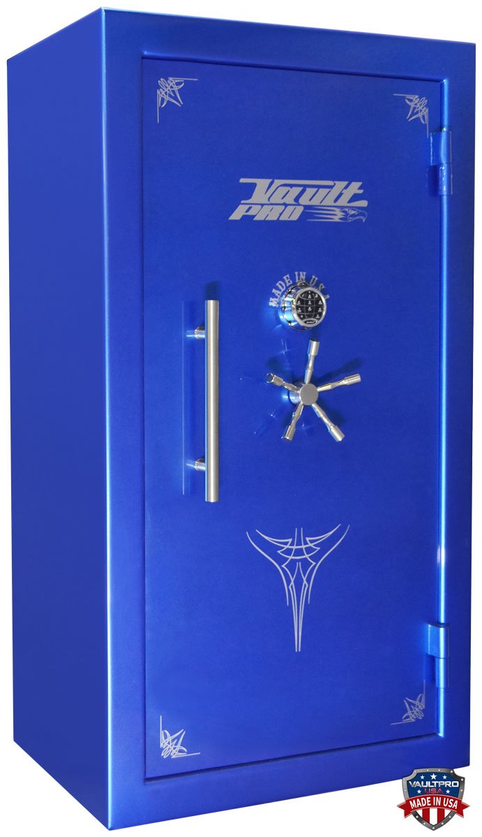 A blue safe with the word vault on it