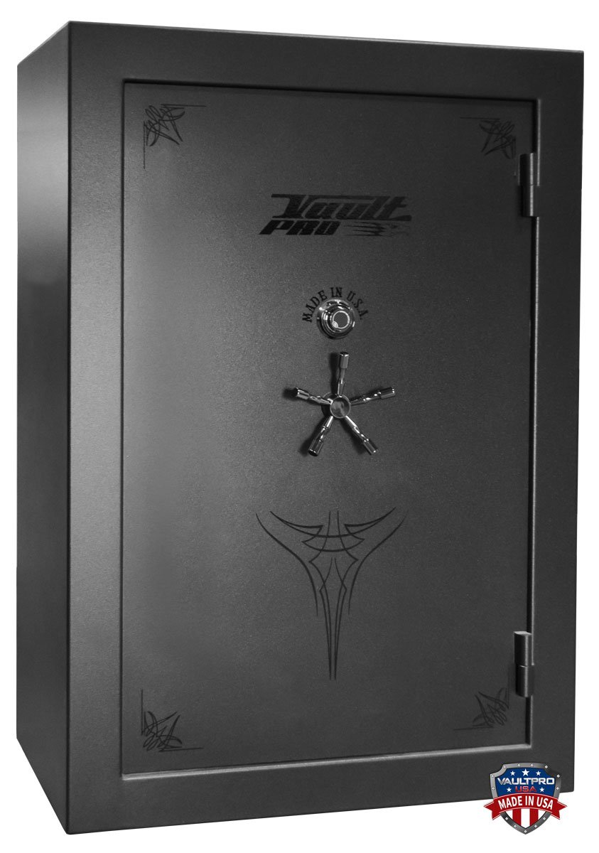 Large gun safe USA made with black finish and black chrome hardware