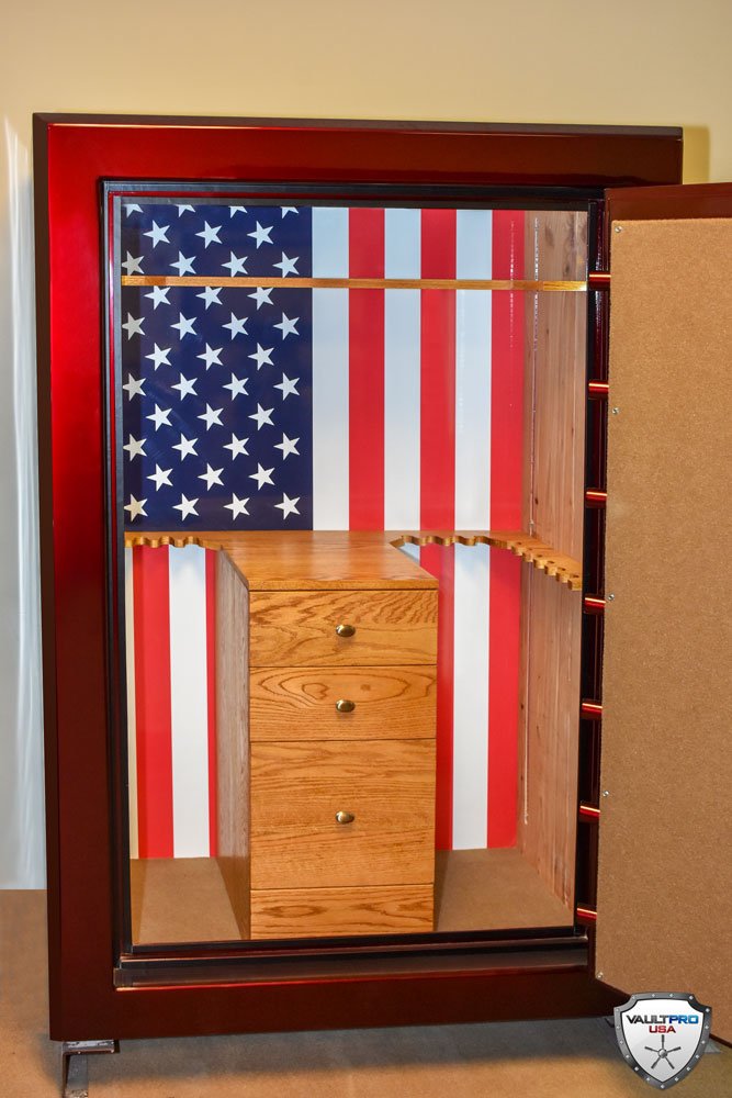 custom big safe interior with American flag, custom wood paneling, storage drawers