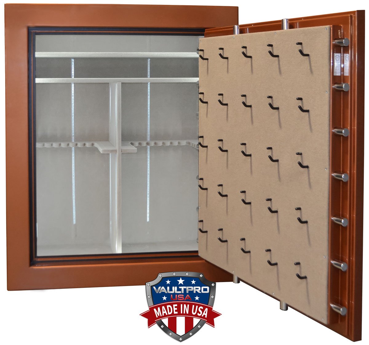 big gun safe interior with automatic L.E.D. lighting and fully configurable racks and shelves.