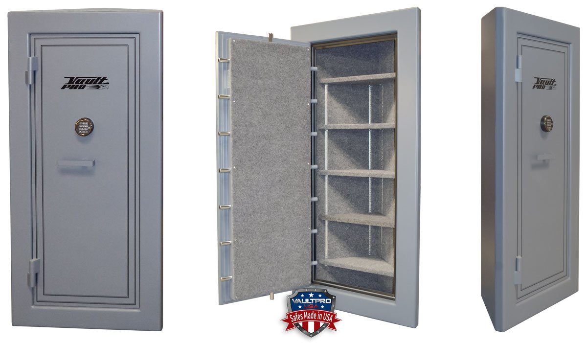Three different views of a corner safe with the door open
