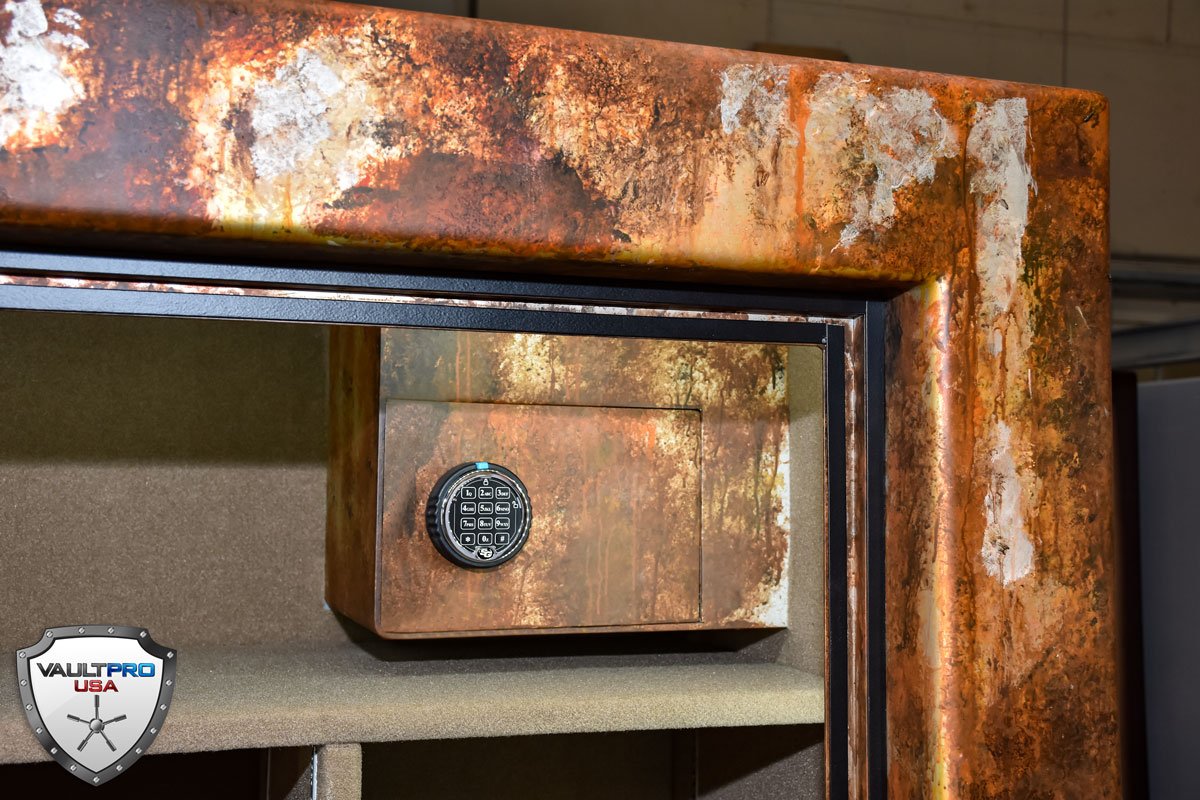 A close up of a rusty safe with a safe in safe option in it.