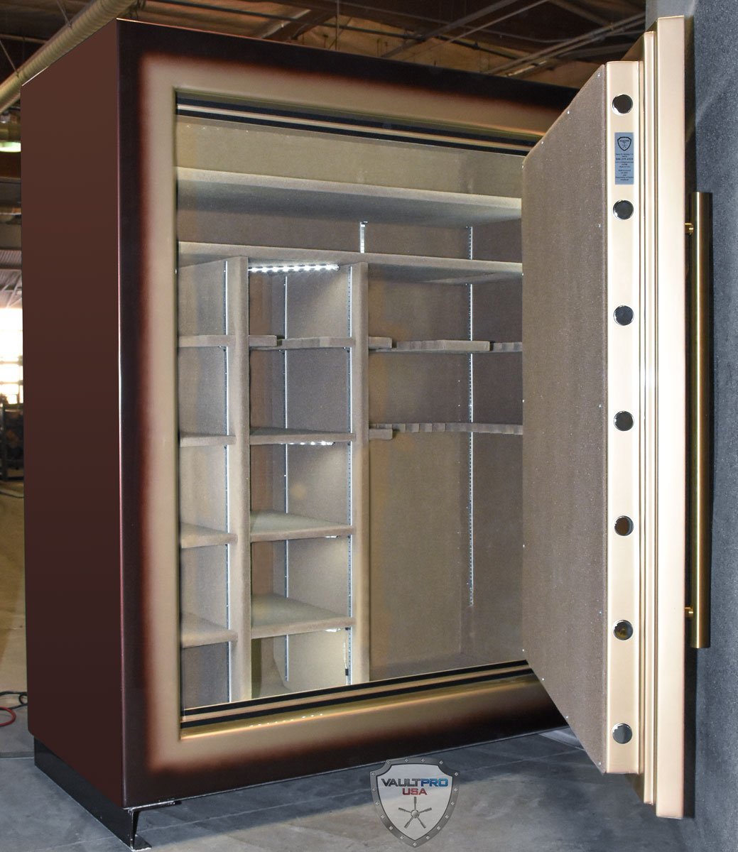 A safe with the door open and a shield with a cross on it
