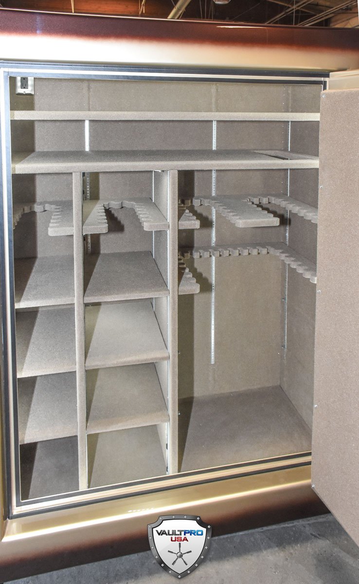 The inside of a safe with the door open and shelves