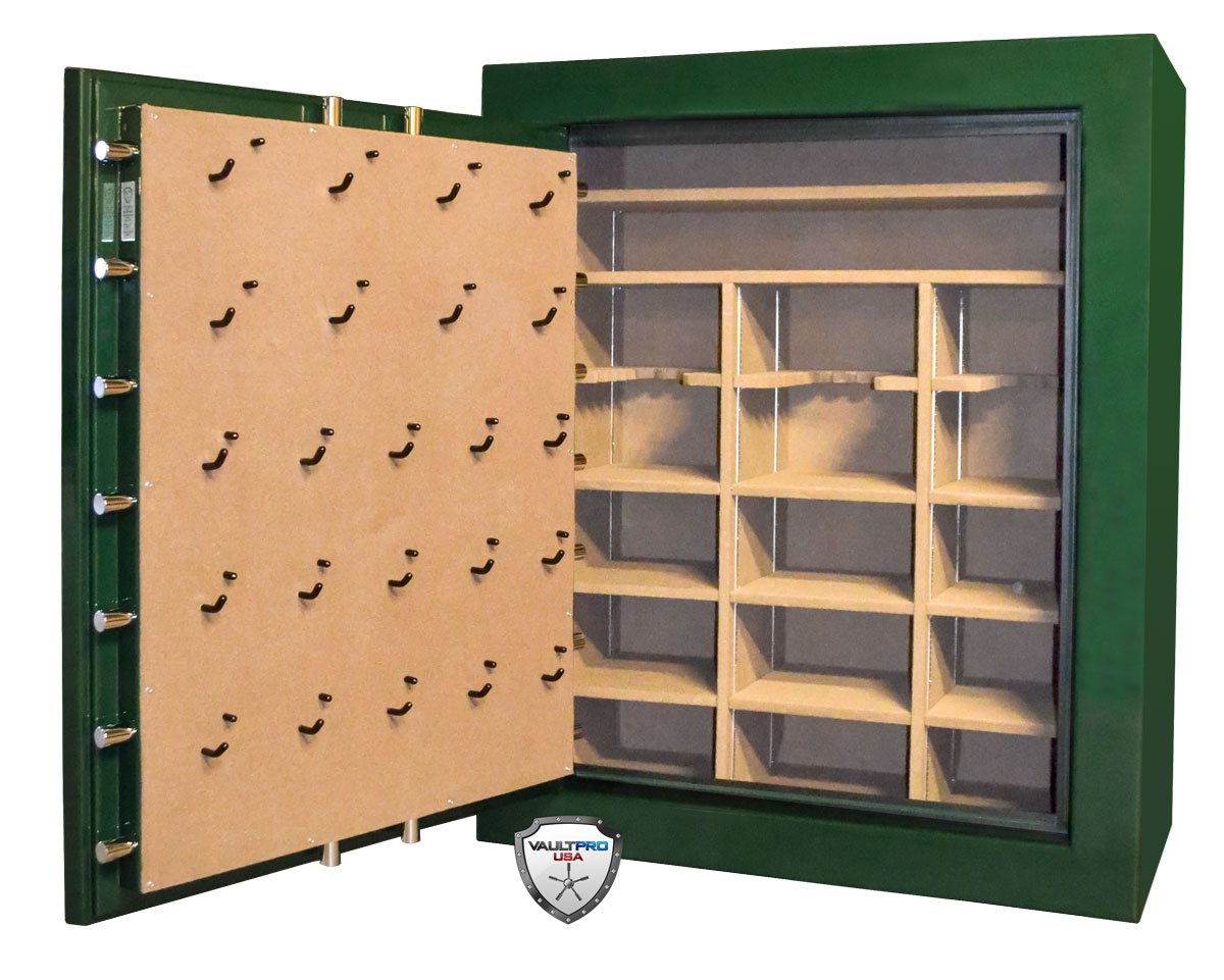 large gun safe with pistol and handgun holder mounted on door