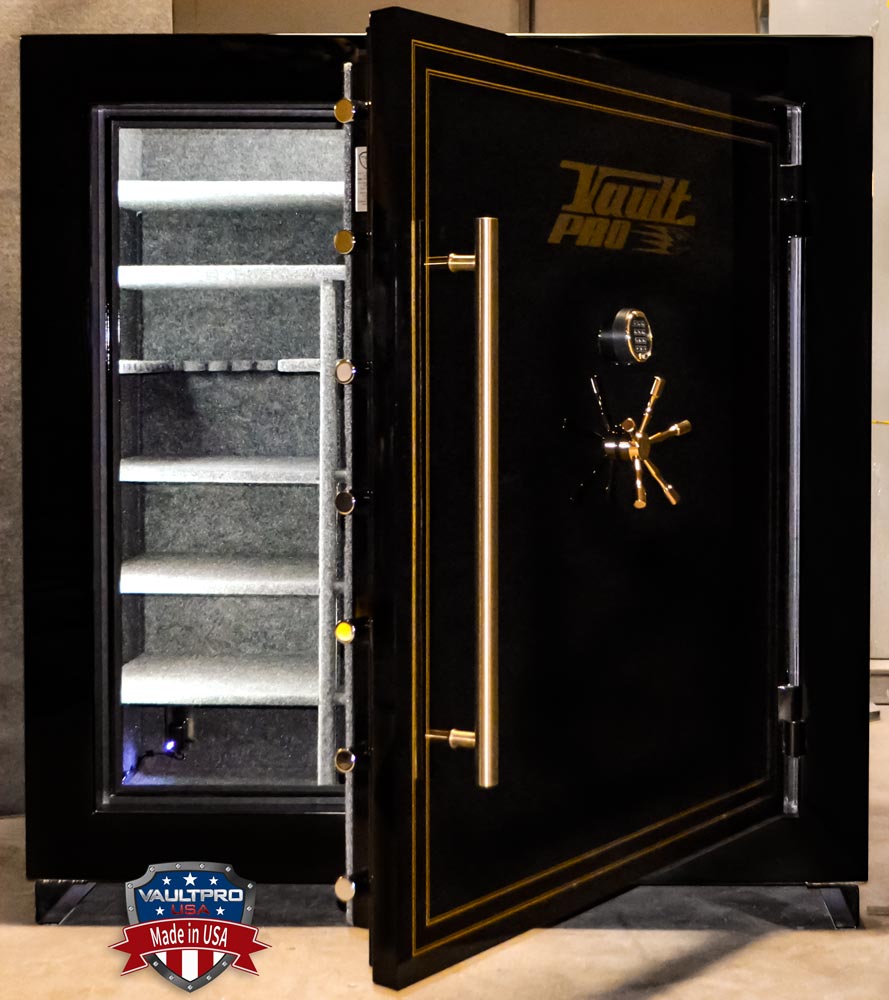 very large safe with pull handle and lighted interior made in USA