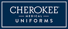 The logo for cherokee medical uniforms is blue and white.