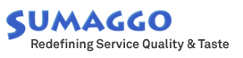 A blue and white logo for sumaggo redefining service quality and taste