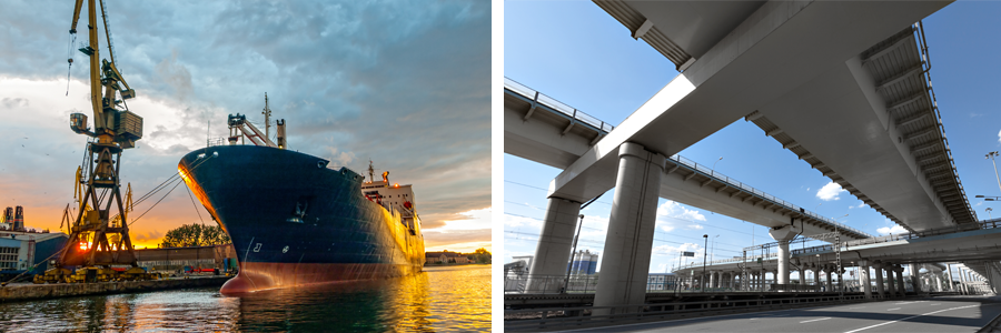 A ship in a port and elevated roads in Auckland are examples of infrastructure systems