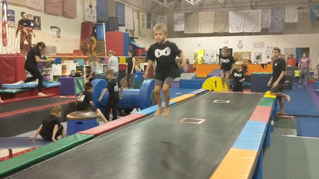 A group of children are doing gymnastics in a gym.