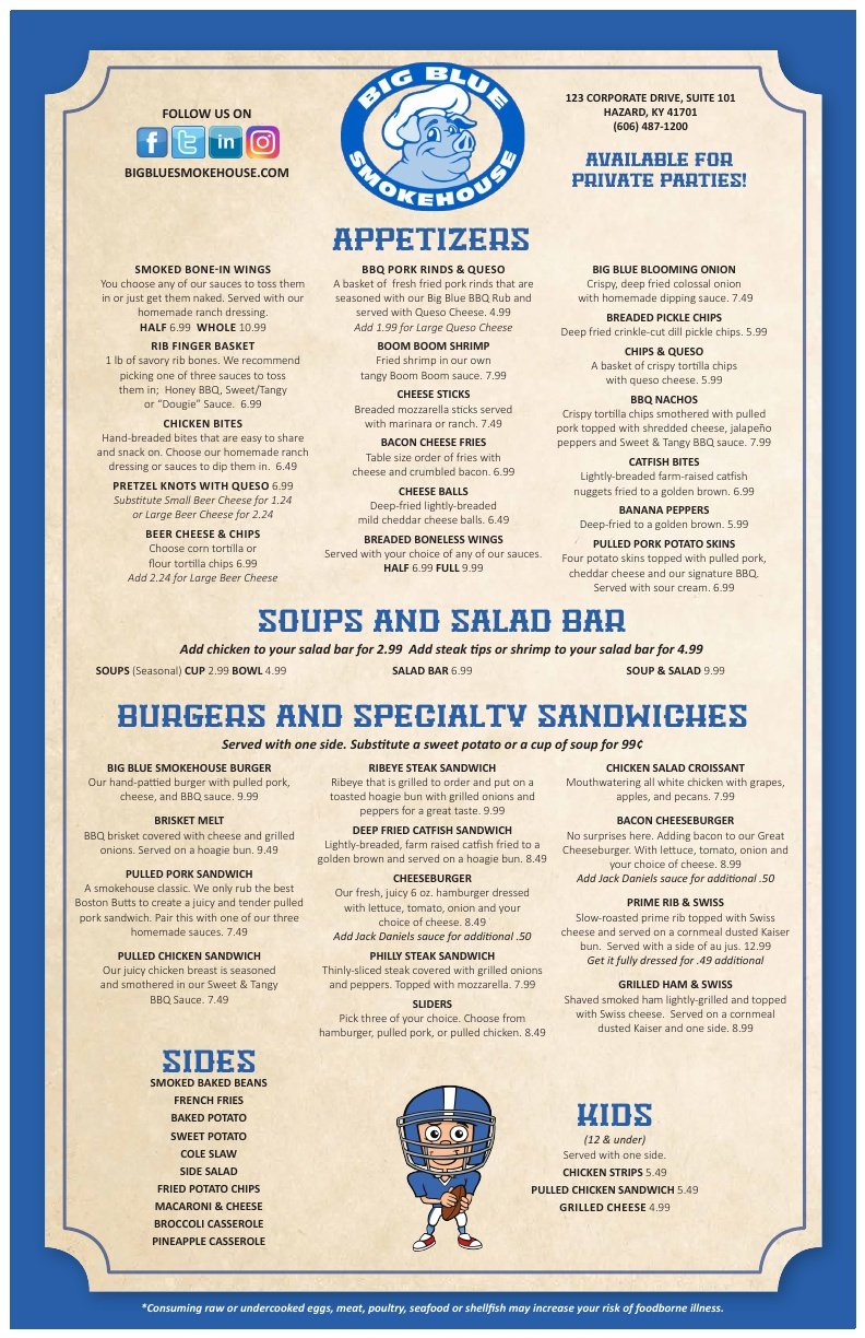Bbq Menu Hazard, KY Big Blue Smokehouse