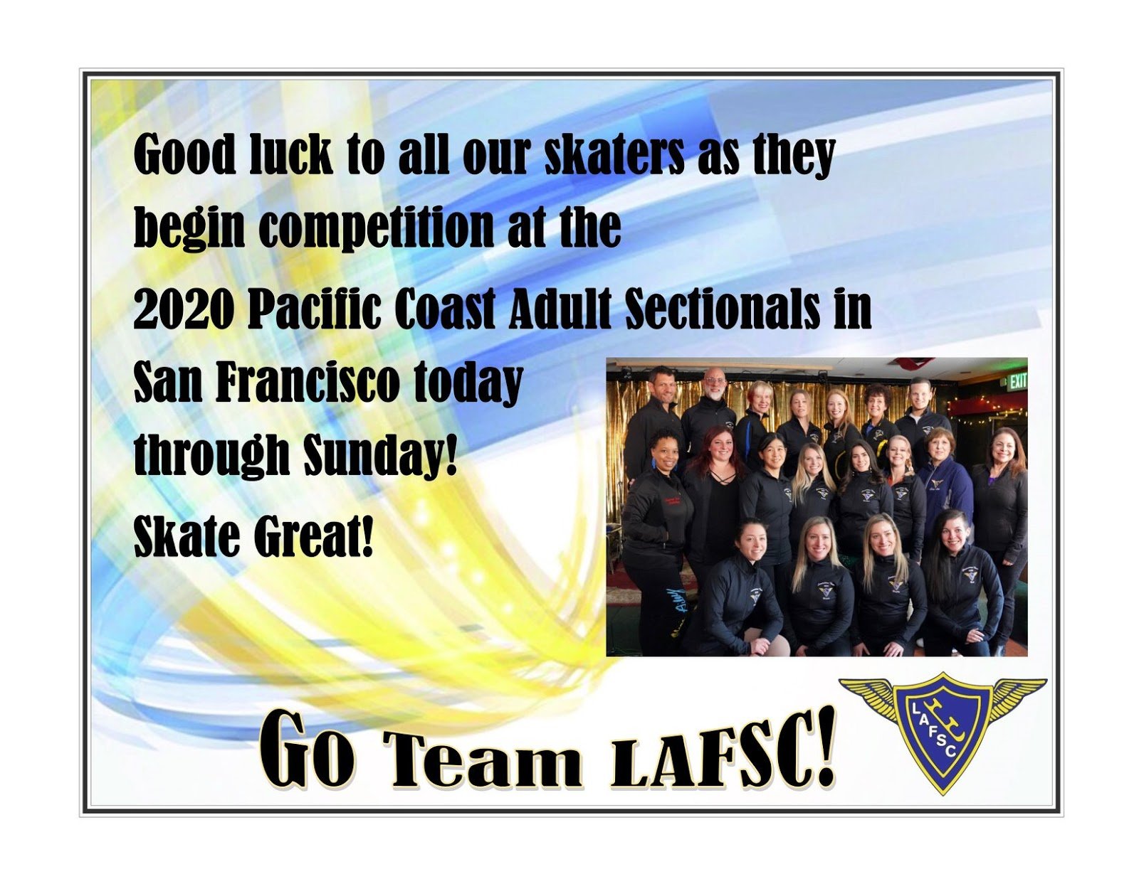 Good Luck To Our Skaters Competing in the 2020 Pacific Coast Adult