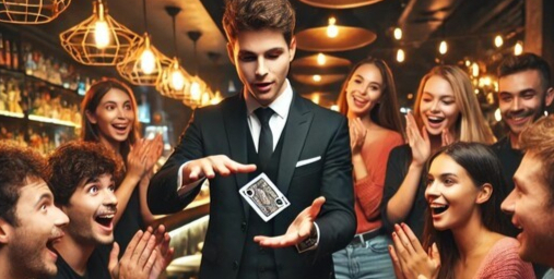 Drinking glasses, playing cards and coins for use in a bar trick